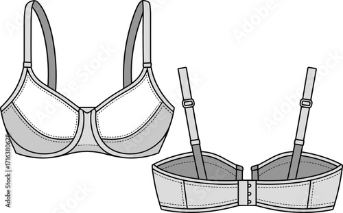 Simple and clean front and back technical drawing of a comfortable underwired bra, with a classic design and adjustable straps, perfect for fashion templates.