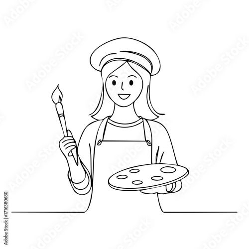 Smiling female artist painter holding paintbrush and palette ready to create continuous line art