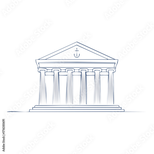 Classic ancient Greek building facade with Doric columns and pediment, line art.