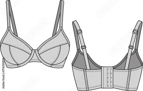 Technical front and back views of a comfortable women's underwired bra with a wide band and multiple closures for a secure fit, ideal for apparel templates.