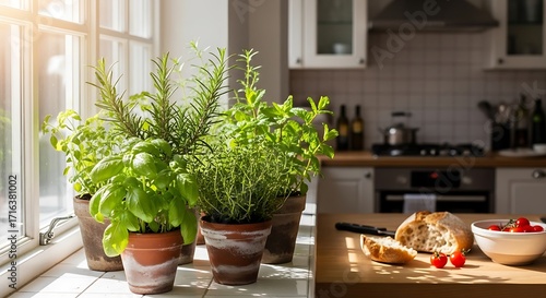 Sunlit kitchen garden windowsill filled with fresh herbs and breakfast