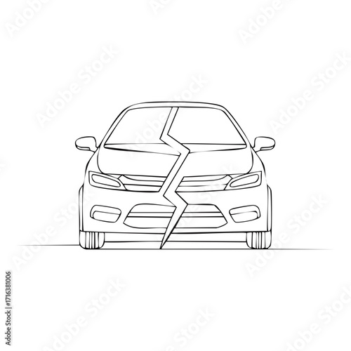 Minimalist line illustration of a car divided by a jagged crack symbolizing a vehicle problem or accident