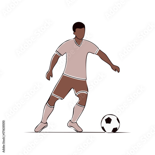 Minimalist vector art of a Black soccer player dribbling a football in a modern line art style
