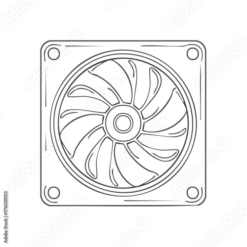 Computer Cooling Fan Illustration with Square Frame and Radial Blades