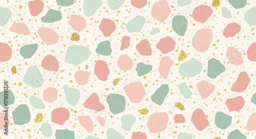 Modern terrazzo seamless pattern, abstract shapes of broken marble and glass chips, pastel pink, mint green, and gold flecks on a cream background, minimalist and playful, high detail texture