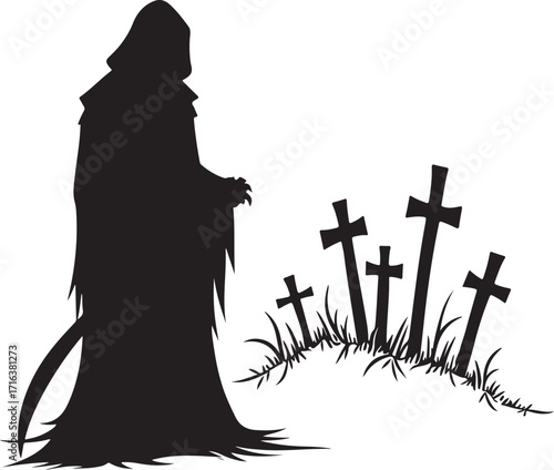 Grim Reaper Silhouette Standing Beside Graveyard Crosses