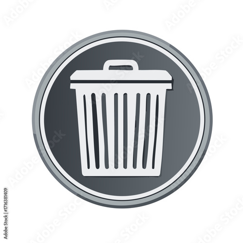 Simple trash can icon with metallic border and gray background