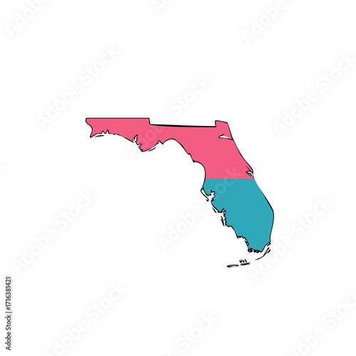 Florida State Map Illustration with Colorful Two Tone Design and Sketch Outline