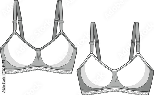 Set of two comfortable full-coverage bras with delicate lace trim, adjustable straps, and a clean technical design, perfect for lingerie and apparel templates.
