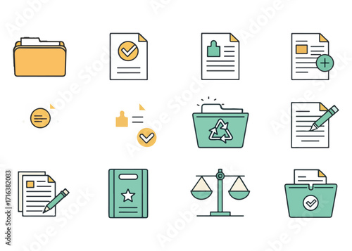Collection of Business Icons Representing Organization Approval and Legal Concepts with Clean Design and Soft Colors