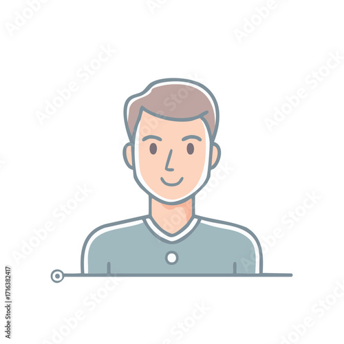 Simple illustrated avatar of a smiling young man with short brown hair and a blue shirt