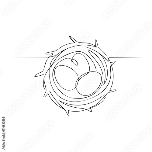 Minimalist line drawing of bird nest with eggs, nature design, spring season art