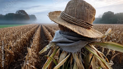 Scarecrow in Agricultural Field Under Misty Morning Sky