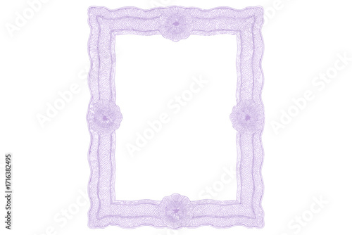 Elegant purple violet guilloche border on A4 size blank certificate paper for diplomas, awards, legal documents, securities, tickets, congratulations, and official documents design