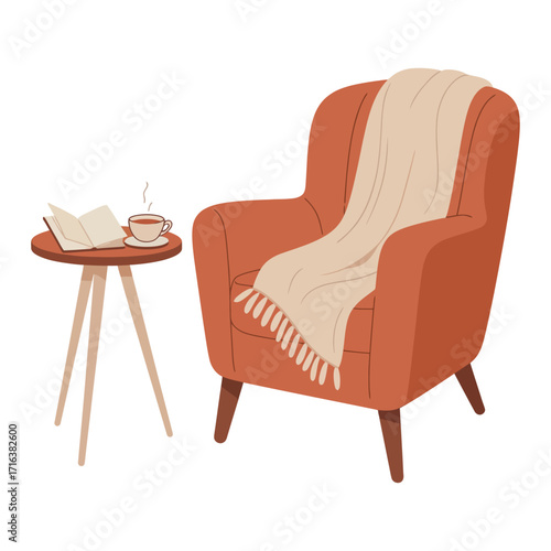 A plush, oversized armchair featuring a charming clipart is draped with a chunky knit cream-colored blanket. The chair is positioned off-center, displaying its rounded armrests