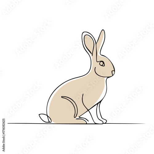 Minimalist continuous line drawing of a cute rabbit sitting patiently with beige fill and bold outlines
