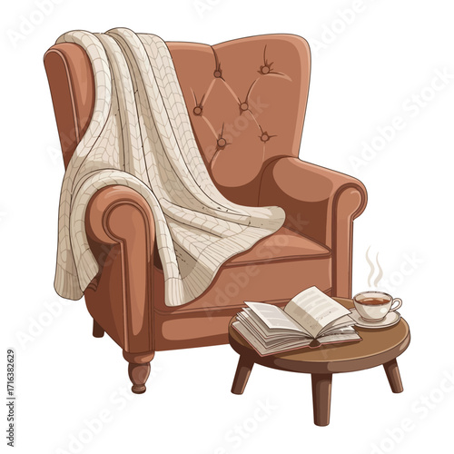 A plush, oversized armchair featuring a charming clipart is draped with a chunky knit cream-colored blanket. The chair is positioned off-center, displaying its rounded armrests