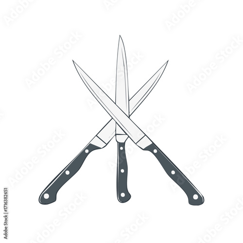 Three professional kitchen knives crossed in a clean minimalist vector illustration.