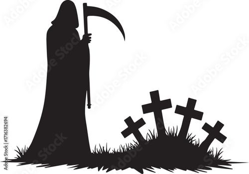 Grim Reaper silhouette with scythe and gravestones