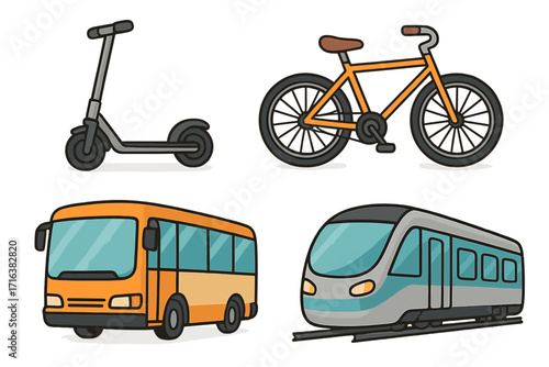 Various modes of urban transportation including scooter, bicycle, bus, and train vector cartoon illustration with transparent background, public transit, mobility, city travel concepts
