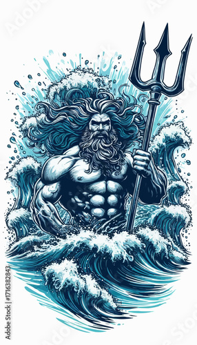 Poseidon God of Sea with Trident in Waves Illustration Mythology Art