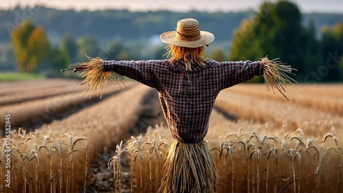 Scarecrow in Golden Wheat Field at Sunrise, Rural Farming Landscape