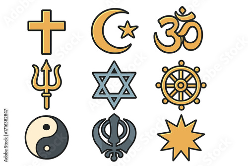 Various religious symbols grid set with transparent background, vector cartoon illustration of Christianity, Islam, Hinduism, Judaism, Buddhism, Taoism, Sikhism, faith icons collection