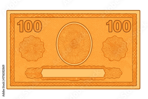 Orange voucher template with intricate guilloche pattern and floral watermarks, 100 denomination banknote design for gift voucher, coupon, diploma, and currency note background