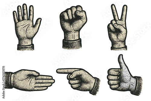 Vintage grungy halftone hands collection with diverse palm gestures, retro style vector illustration, decorative elements for banners, posters, vintage design, and classic art effects