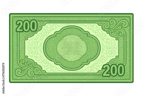 Green 200 banknote voucher template with intricate guilloche pattern, ornamental border, watermarks, gift certificate design, coupon, diploma style, money background