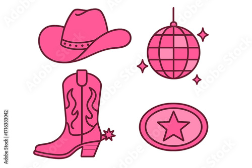 Pink cowgirl disco vector icon set. Western party elements with cowboy hat, boot, disco ball, star buckle. Retro 70s Nashville aesthetic for bachelorette wild west theme.