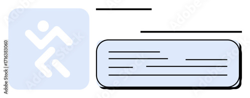 Motion figure inside rounded square alongside a rectangular text box with minimalist black lines. Ideal for navigation, signage, digital UI, tutorials, activity tracking, movement, fitness. Simple