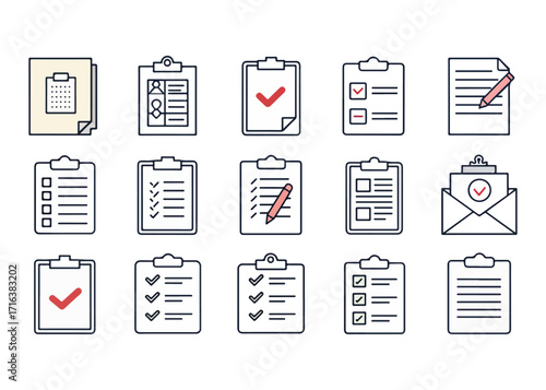 Collection of clipboard icons representing tasks and forms used in business and education showcasing organization and project management with a clean and modern design