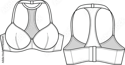 Technical fashion sketch of a convertible bra with a supportive racerback design, perfect for athletic and everyday wear, featuring adjustable straps and a secure closure.