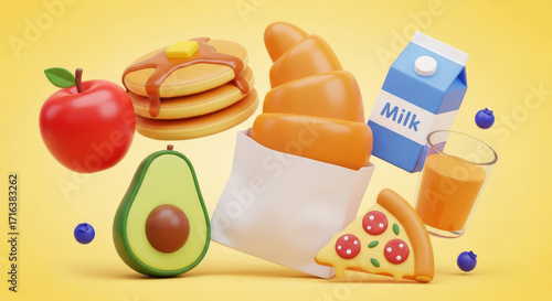 Stylized 3D Render of a Balanced Breakfast Featuring Pancakes, Croissant, Apple, Avocado, Milk, Juice, and Pizza on a Bright Yellow Background