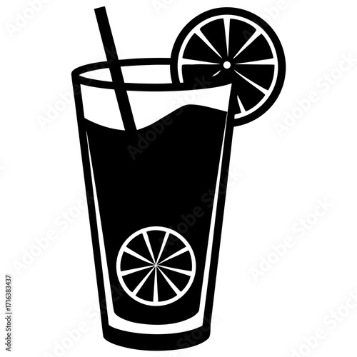 Black and white icon of a tall glass with a drink and lemon slices