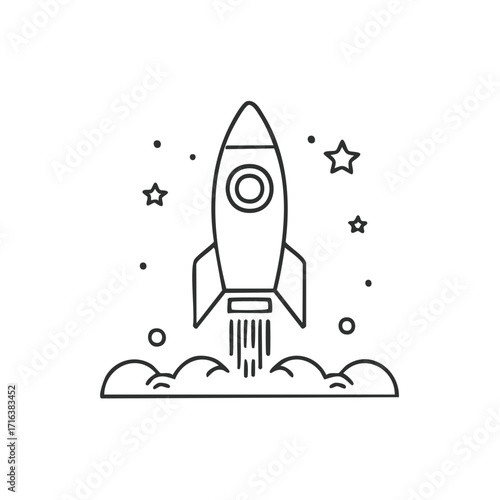 Outline rocket ship launching into space with stars and smoke