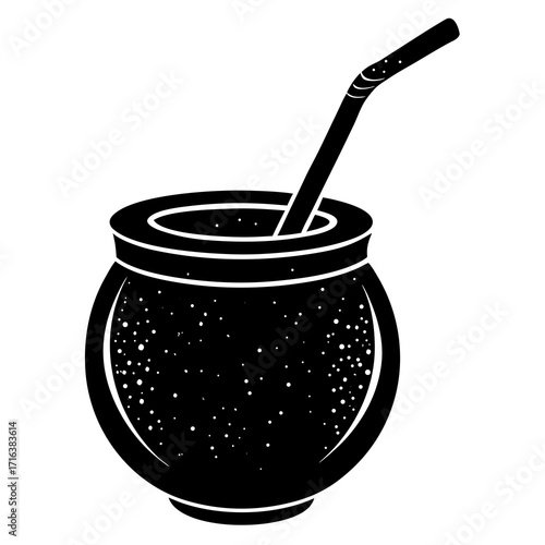 Black and white illustration of a mate gourd with straw