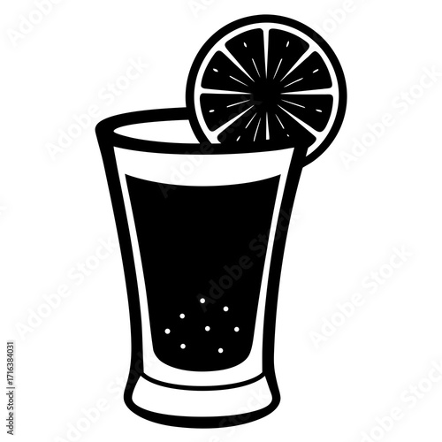 Black and white illustration of a shot glass with a lime slice