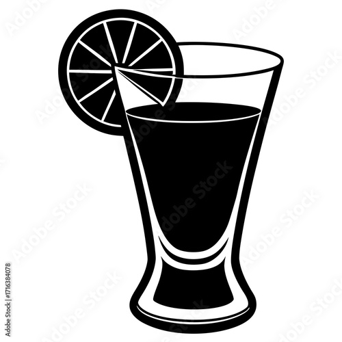 Black and white illustration of a tall glass filled with dark liquid and a lemon slice garnish
