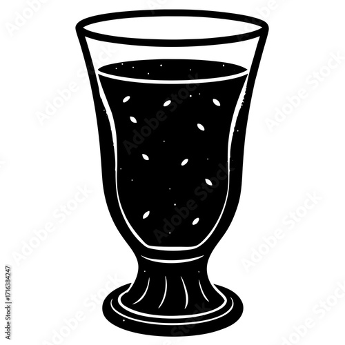 Black and white illustration of a tall glass filled with dark liquid and seeds