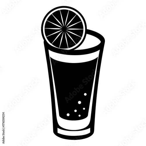 Black and white illustration of a tall glass of dark liquid with a citrus slice
