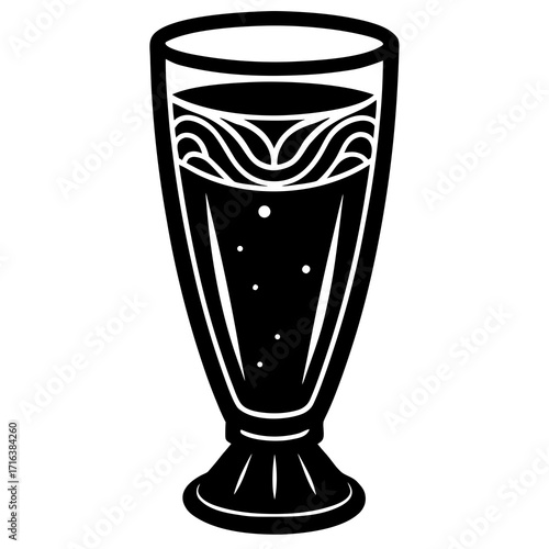 Black and white illustration of a tall glass of dark liquid with bubbles