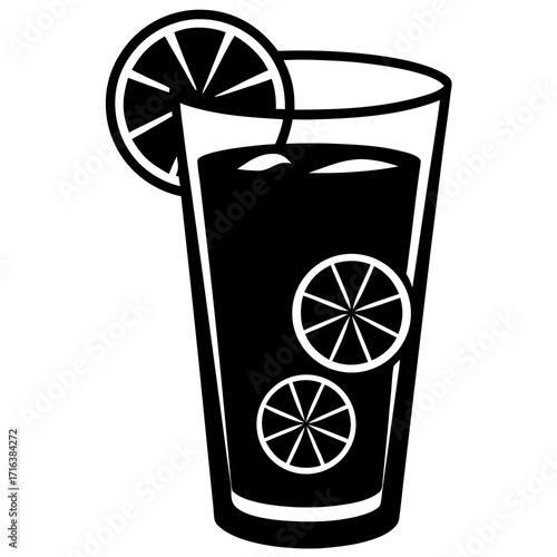 Black and white illustration of a tall glass of dark liquid with ice and lemon slices