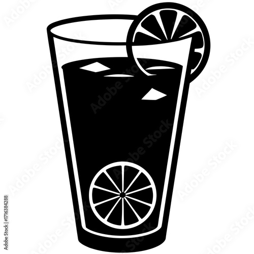 Black and white illustration of a tall glass of iced drink with lemon slices