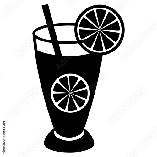 Black and white illustration of a tall glass with a drink and citrus slices 1