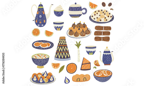 Traditional Moroccan Food Illustrations Tea, Sweets, Oranges, and Couscous Clipart