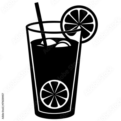 Black and white illustration of a tall glass with ice cubes and citrus slices