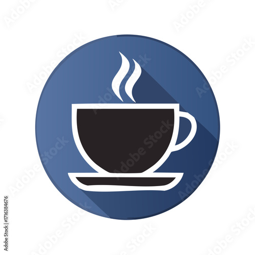 Stylized steaming coffee cup icon on a blue circle with long shadow