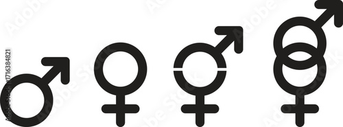 Gender symbol icon set. Male and female signs icon isolated on transparent background. Black silhouette design elements for equality, diversity, identity, relationship concepts. Vector illustration.